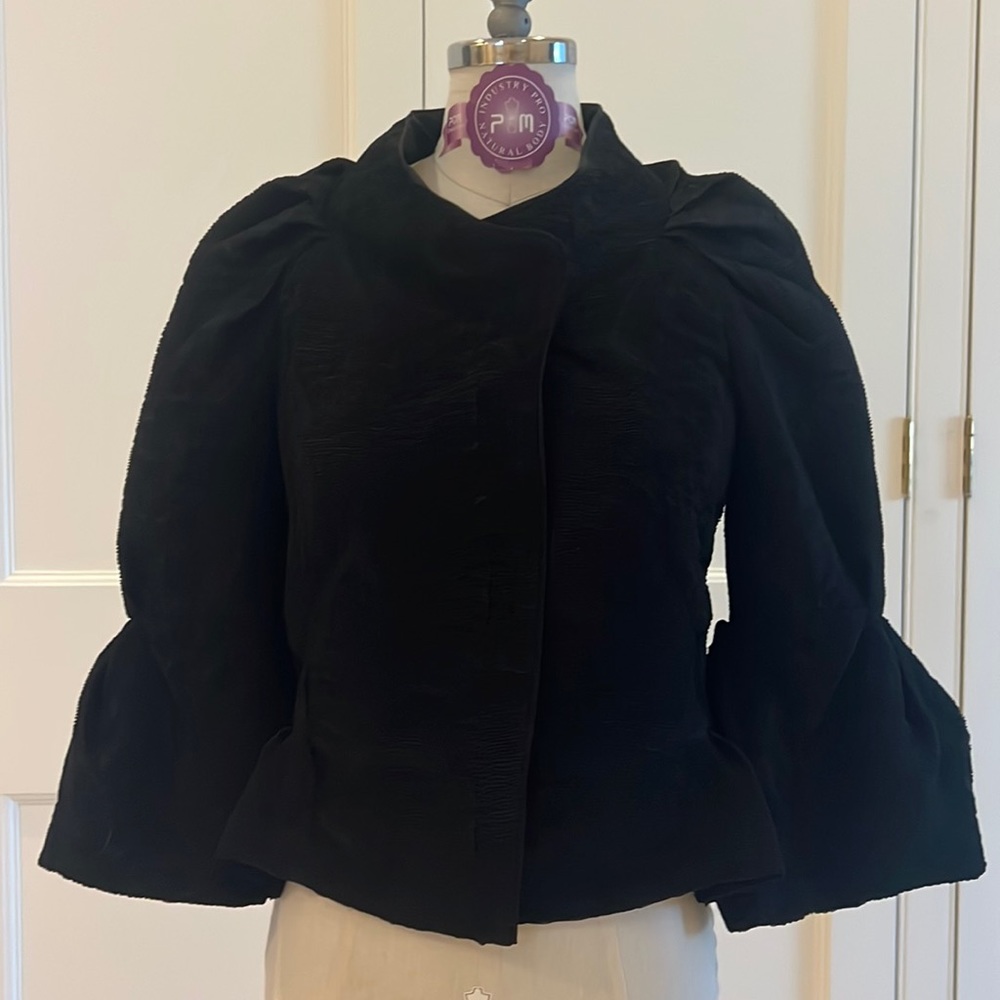 Zac Posen black pleated silk bell sleeve jacket